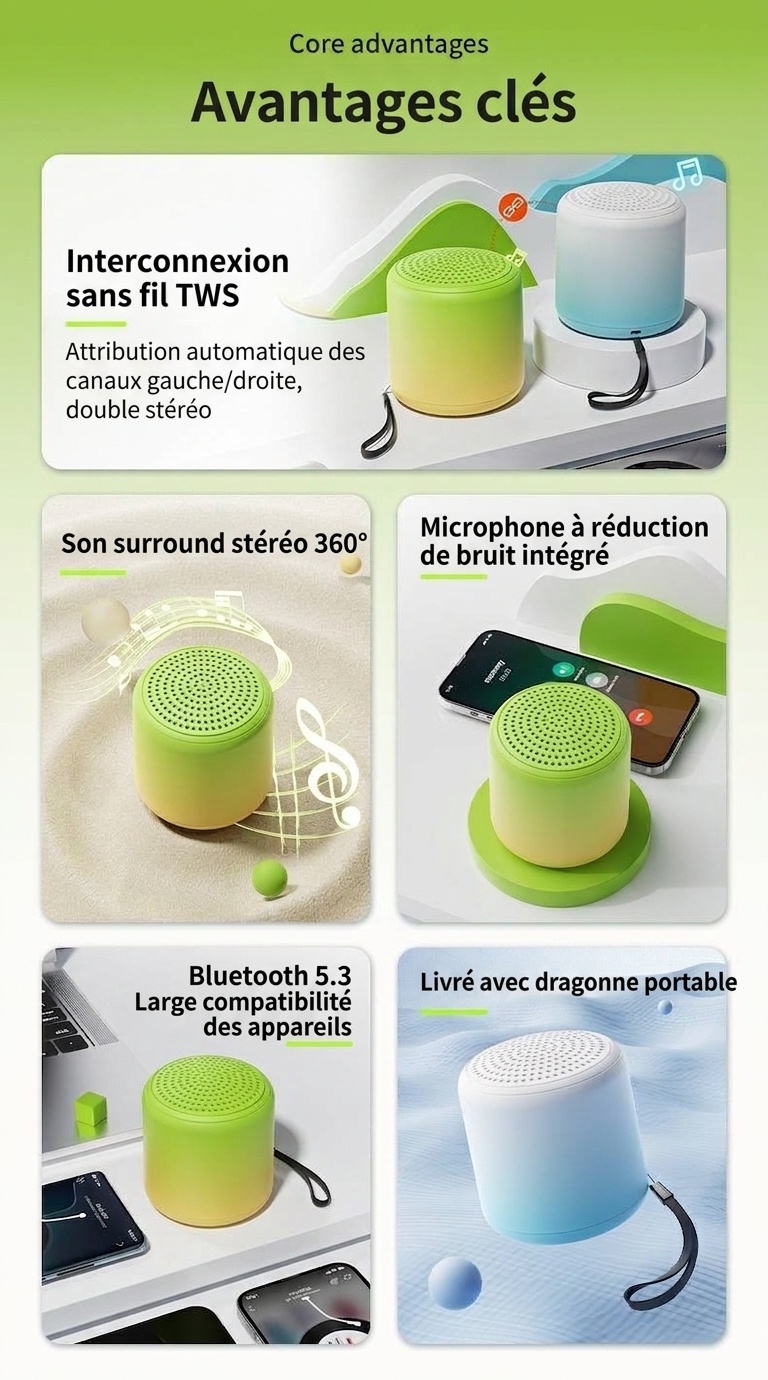 Enceinte Bluetooth 5.3 portable avec son stéréo à 360° et basses profondes, haut-parleur de 40 mm, 24 heures d'autonomie, microphone intégré à réduction de bruit pour des appels clairs.