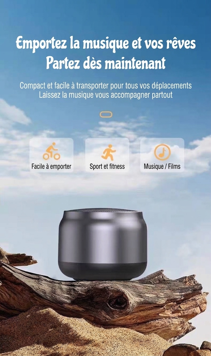 Enceinte portable sans fil Bluetooth 5.3, basses profondes et puissantes, son immersif à 360°, autonomie de 8 heures, appels mains libres, enceinte compacte