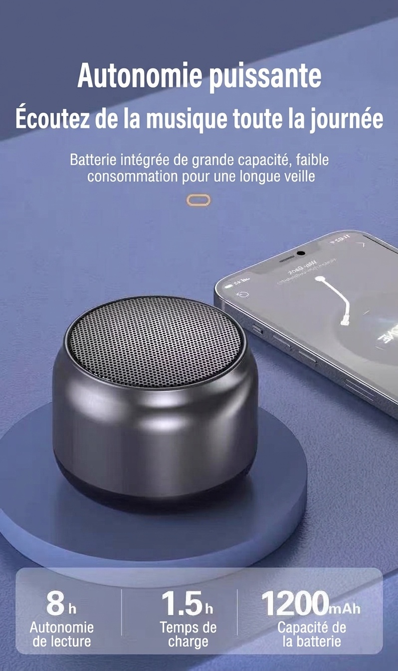 Enceinte portable sans fil Bluetooth 5.3, basses profondes et puissantes, son immersif à 360°, autonomie de 8 heures, appels mains libres, enceinte compacte