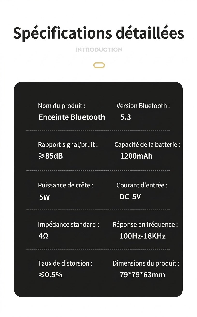 Enceinte portable sans fil Bluetooth 5.3, basses profondes et puissantes, son immersif à 360°, autonomie de 8 heures, appels mains libres, enceinte compacte