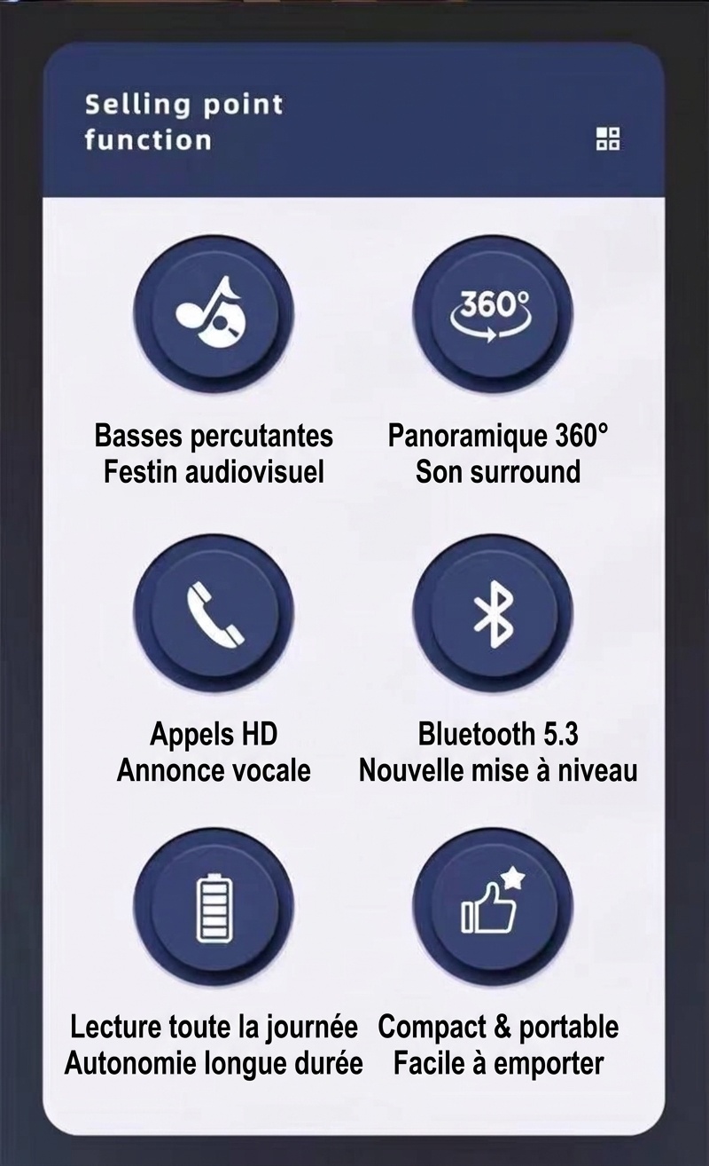 Enceinte portable sans fil Bluetooth 5.3, basses profondes et puissantes, son immersif à 360°, autonomie de 8 heures, appels mains libres, enceinte compacte