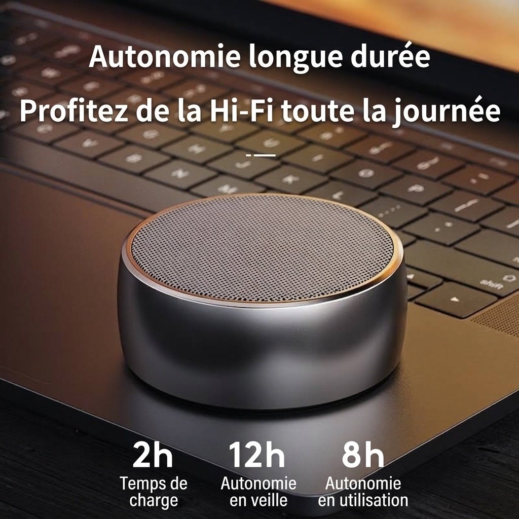 Mini enceinte Bluetooth portable avec basses profondes, 10 heures d'autonomie, entrée carte TF et AUX, audio sans fil compact et résistant pour une utilisation nomade.