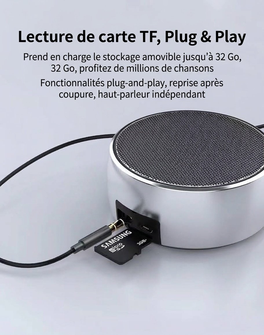 Mini enceinte Bluetooth portable avec basses profondes, 10 heures d'autonomie, entrée carte TF et AUX, audio sans fil compact et résistant pour une utilisation nomade.