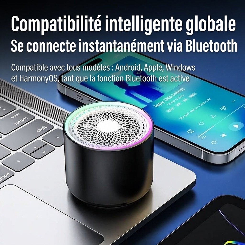 Mini enceinte Bluetooth sans fil avec éclairage RGB dynamique, appairage stéréo sans fil (TWS), appels mains libres, design compact et portable