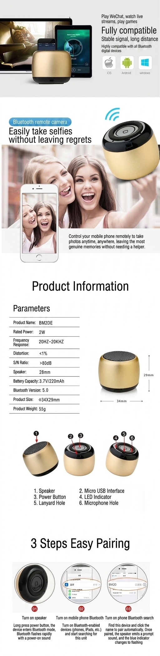 Altavoz Bluetooth V5.0 mini portátil ultracompacto, sonido nítido de 2 W, batería de 280 mAh para mayor tiempo de reproducción, audio inalámbrico duradero.