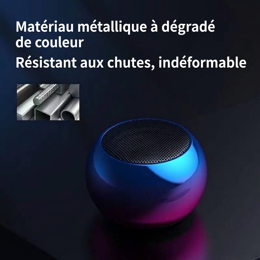 Mini enceinte Bluetooth portable, son puissant, batterie 500 mAh offrant 4 heures d'autonomie, options RGB éclatantes et design en métal résistant.