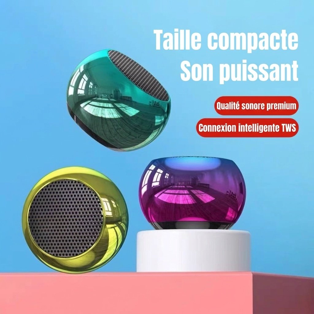 Mini enceinte Bluetooth portable, son puissant, batterie 500 mAh offrant 4 heures d'autonomie, options RGB éclatantes et design en métal résistant.