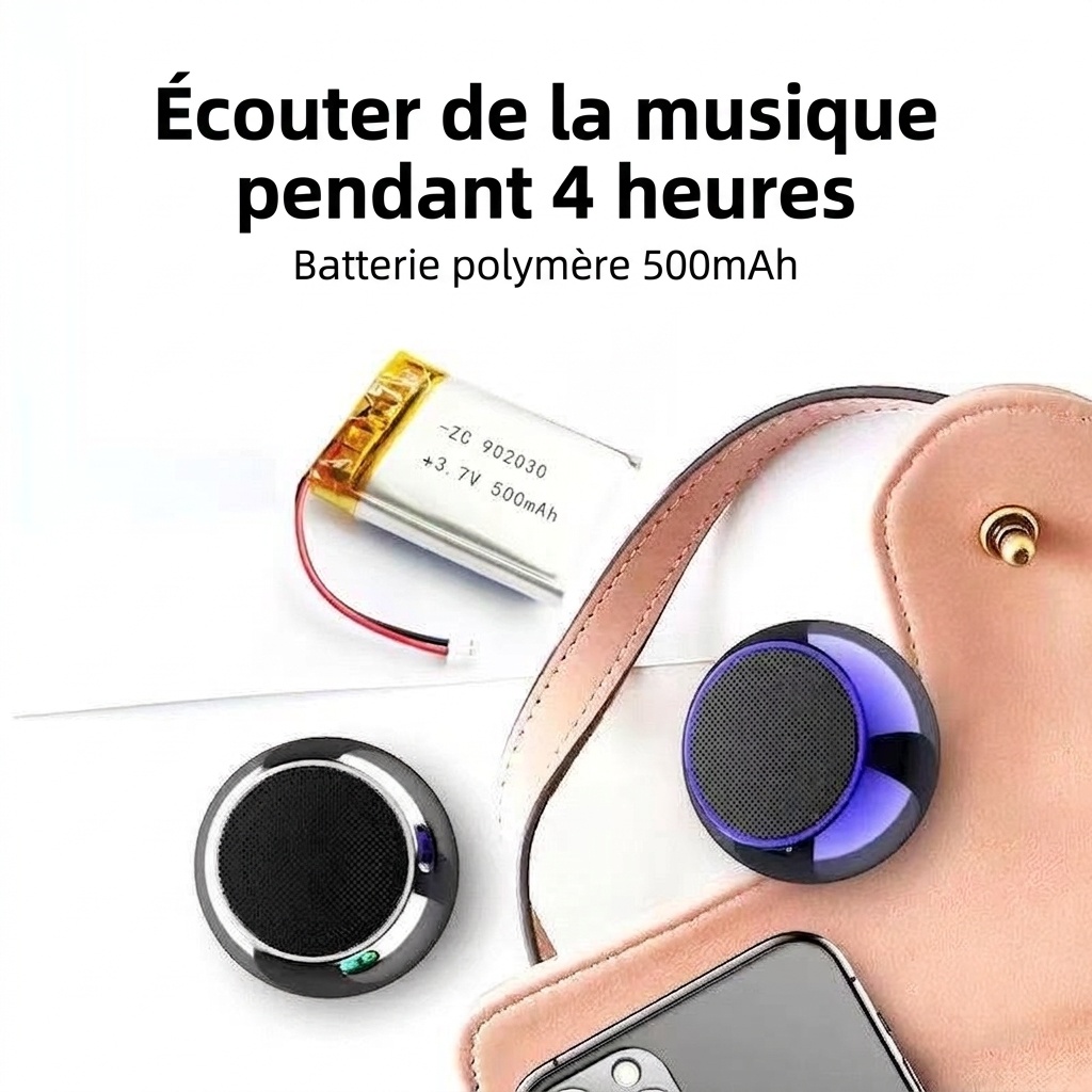 Mini enceinte Bluetooth portable, son puissant, batterie 500 mAh offrant 4 heures d'autonomie, options RGB éclatantes et design en métal résistant.