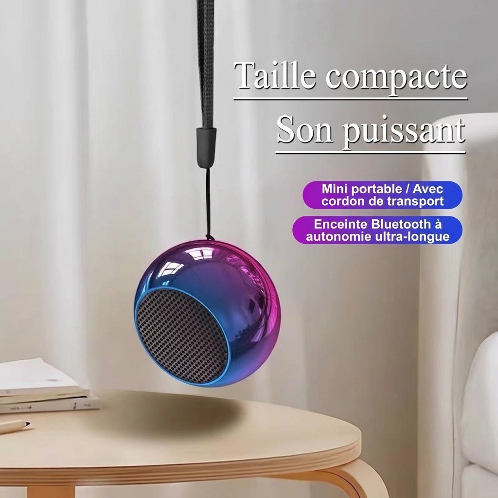 Mini enceinte Bluetooth portable, son puissant, batterie 500 mAh offrant 4 heures d'autonomie, options RGB éclatantes et design en métal résistant.