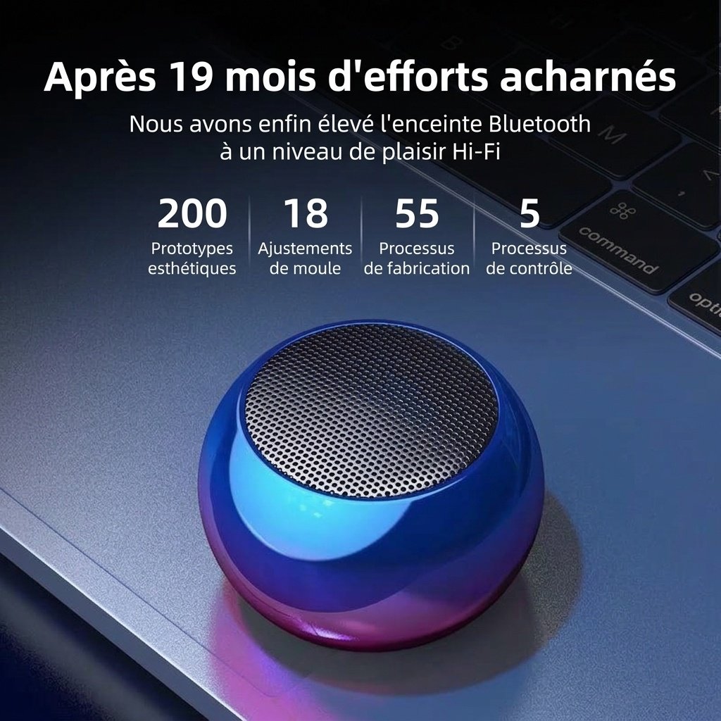 Mini enceinte Bluetooth portable, son puissant, batterie 500 mAh offrant 4 heures d'autonomie, options RGB éclatantes et design en métal résistant.
