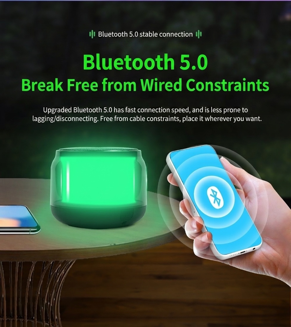 Altavoz inalámbrico RGB Bluetooth 5.0, espectáculo de luces LED portátil, 8 horas de duración de la batería, audio potente y modos de iluminación dinámicos.