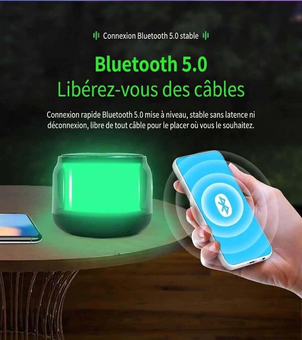Enceinte sans fil RGB Bluetooth 5.0, spectacle de lumière LED portable, autonomie de 8 heures, son puissant et modes d'éclairage dynamiques