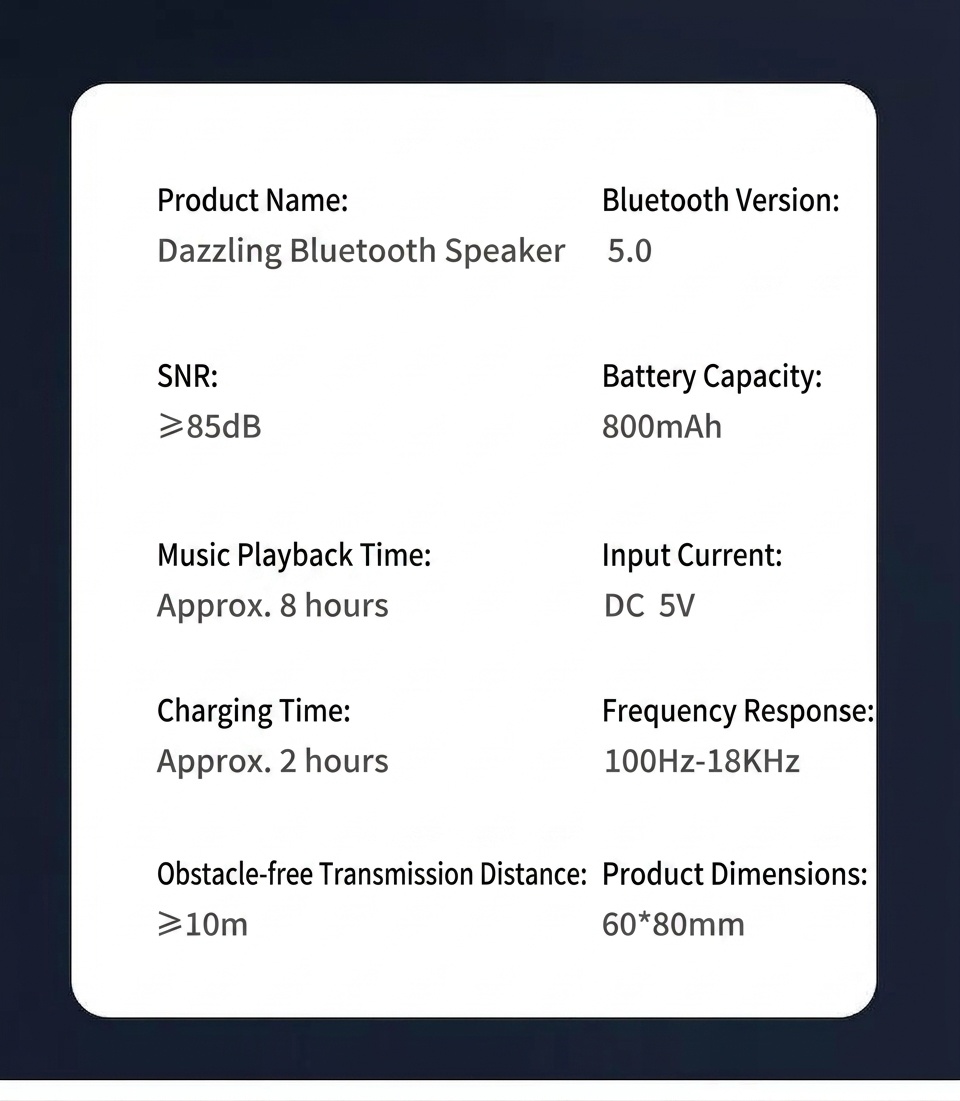 Altavoz inalámbrico RGB Bluetooth 5.0, espectáculo de luces LED portátil, 8 horas de duración de la batería, audio potente y modos de iluminación dinámicos.