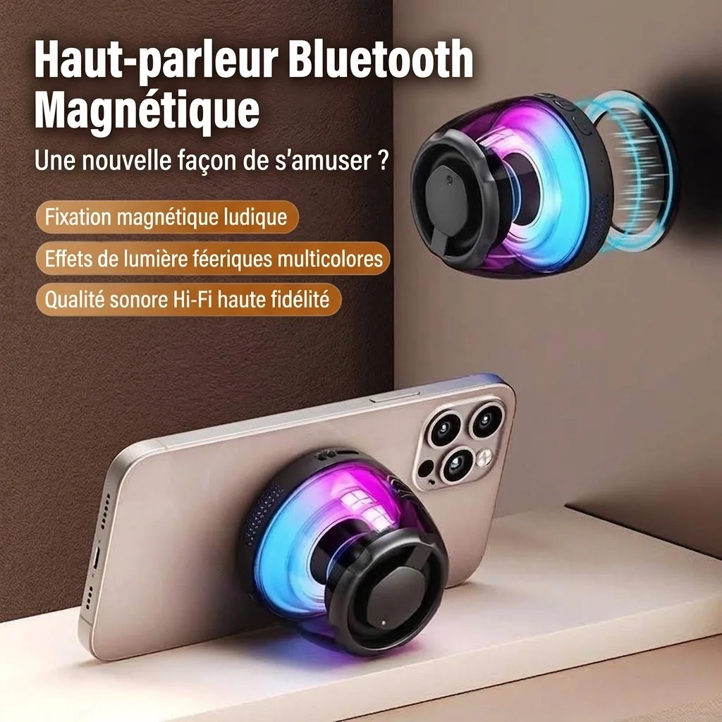 Enceinte portable Bluetooth 5.4 RGB avec base magnétique, son à 360°, éclairage dynamique, 8 heures d'autonomie, enceinte sans fil résistante et facile à fixer.