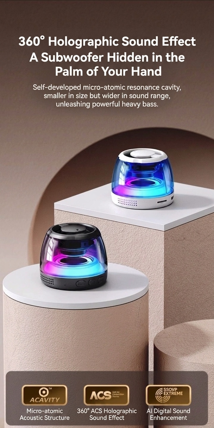 Altavoz portátil Bluetooth 5.4 RGB con base magnética, audio de 360°, iluminación dinámica, 8 horas de reproducción y soporte inalámbrico duradero.