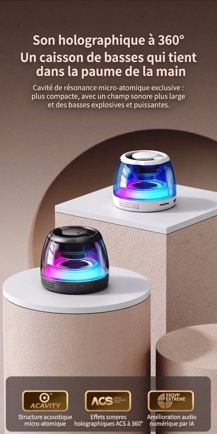 Enceinte portable Bluetooth 5.4 RGB avec base magnétique, son à 360°, éclairage dynamique, 8 heures d'autonomie, enceinte sans fil résistante et facile à fixer.