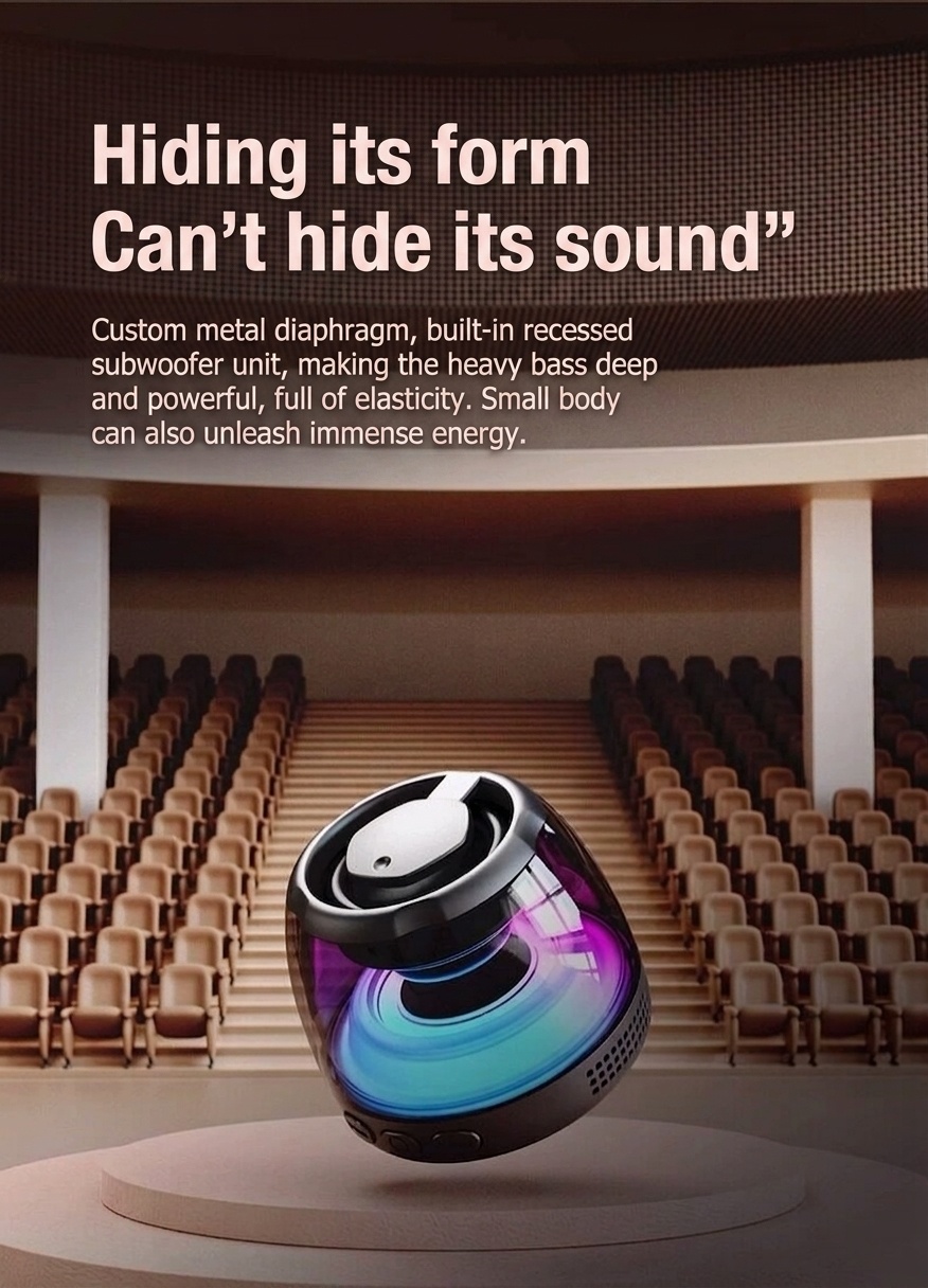 Altavoz portátil Bluetooth 5.4 RGB con base magnética, audio de 360°, iluminación dinámica, 8 horas de reproducción y soporte inalámbrico duradero.
