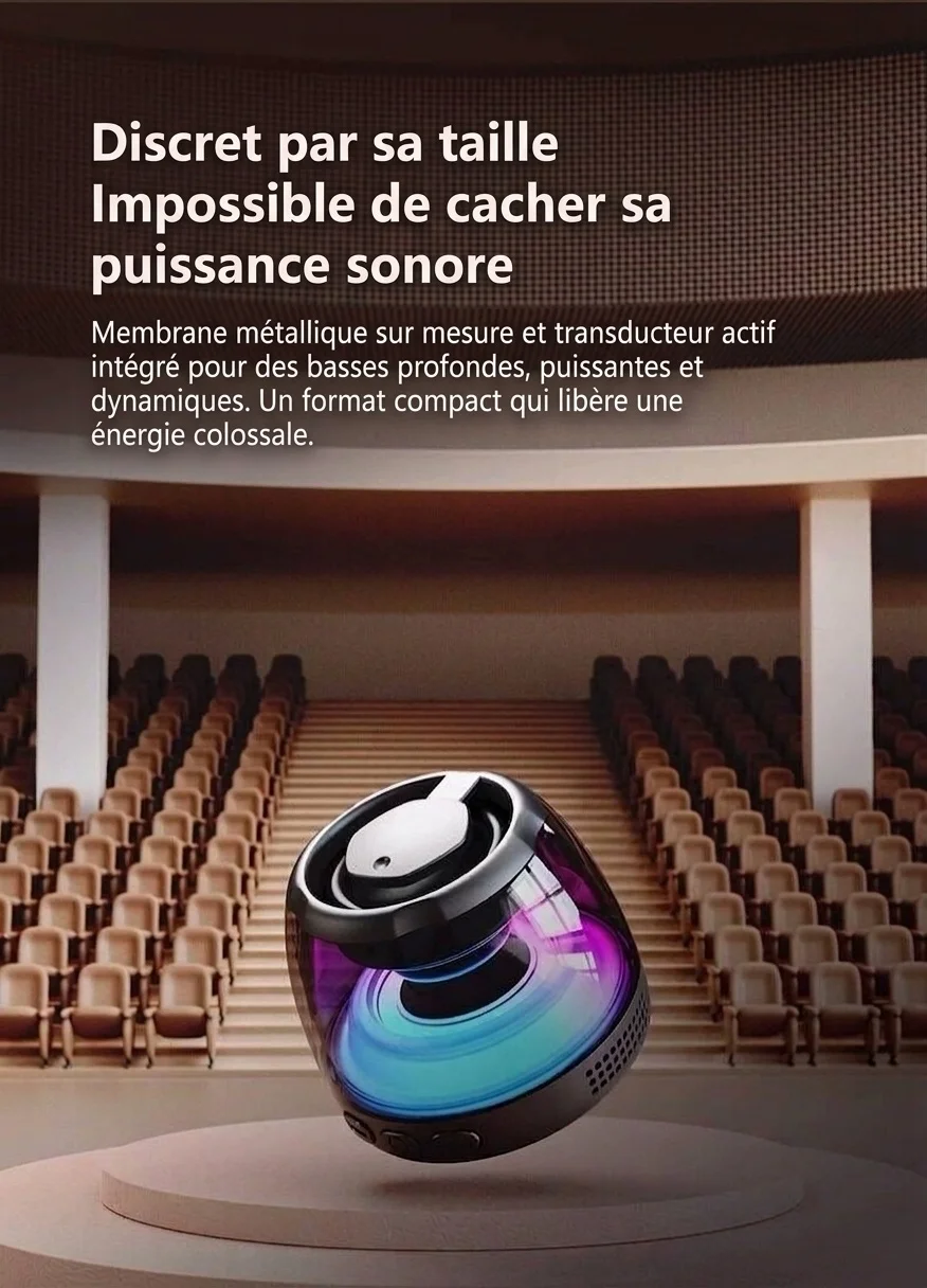 Enceinte portable Bluetooth 5.4 RGB avec base magnétique, son à 360°, éclairage dynamique, 8 heures d'autonomie, enceinte sans fil résistante et facile à fixer.