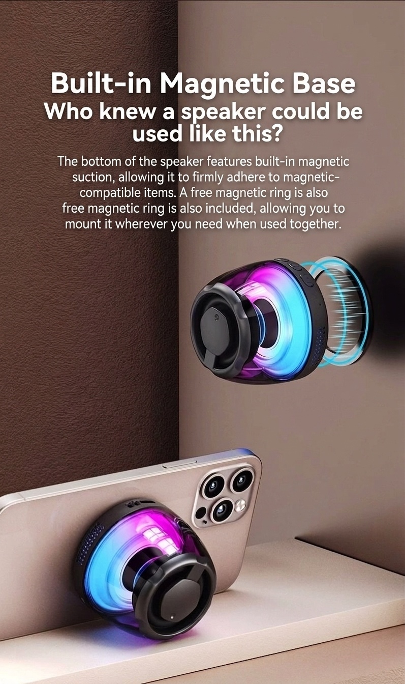 Altavoz portátil Bluetooth 5.4 RGB con base magnética, audio de 360°, iluminación dinámica, 8 horas de reproducción y soporte inalámbrico duradero.
