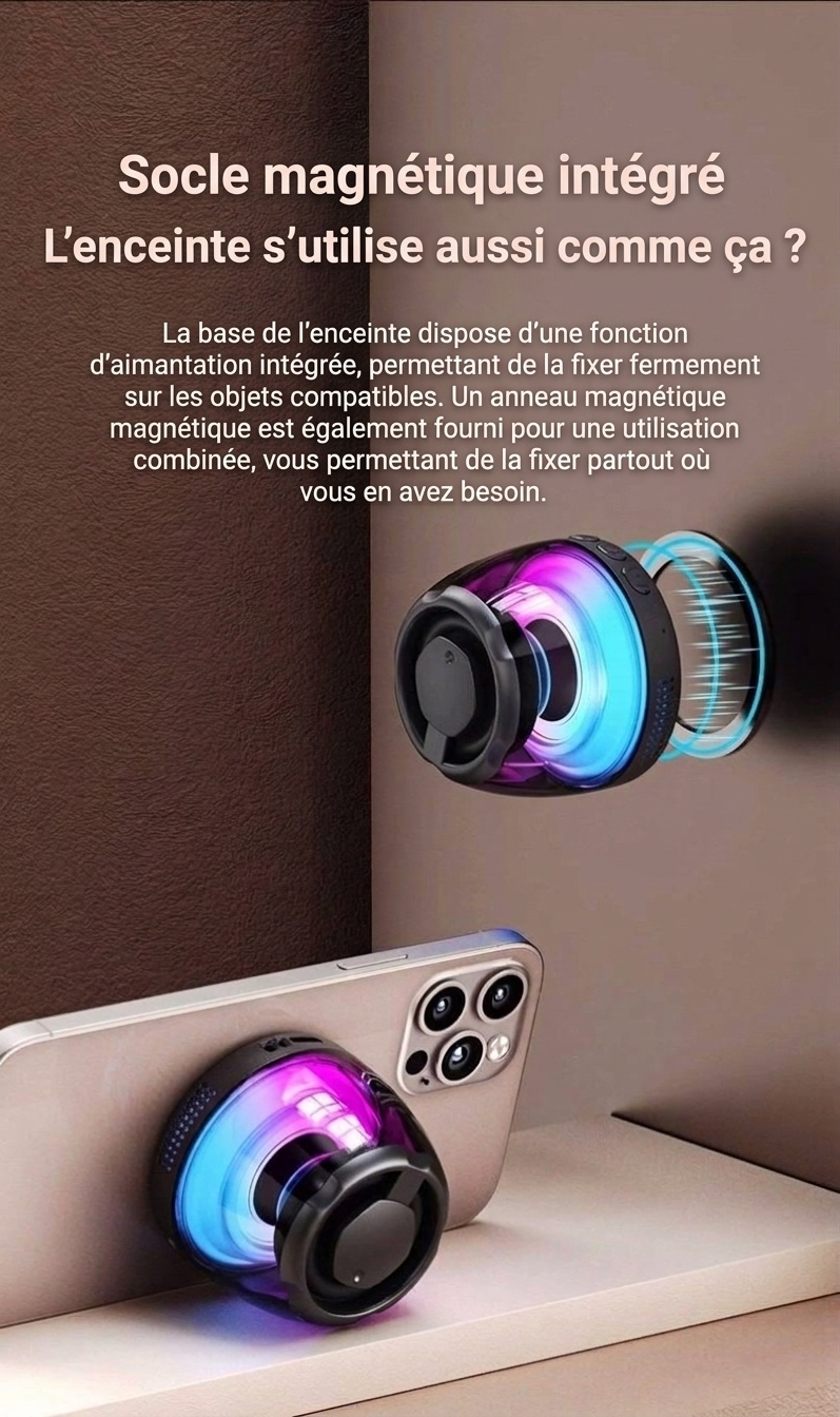 Enceinte portable Bluetooth 5.4 RGB avec base magnétique, son à 360°, éclairage dynamique, 8 heures d'autonomie, enceinte sans fil résistante et facile à fixer.
