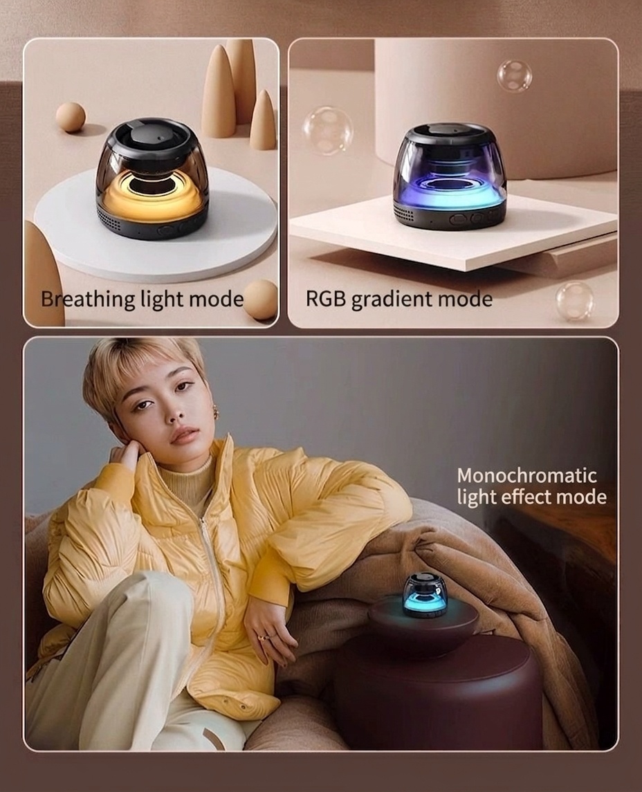 Altavoz portátil Bluetooth 5.4 RGB con base magnética, audio de 360°, iluminación dinámica, 8 horas de reproducción y soporte inalámbrico duradero.