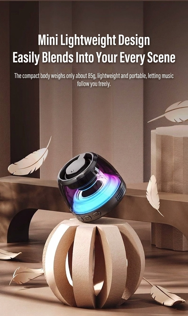 Altavoz portátil Bluetooth 5.4 RGB con base magnética, audio de 360°, iluminación dinámica, 8 horas de reproducción y soporte inalámbrico duradero.