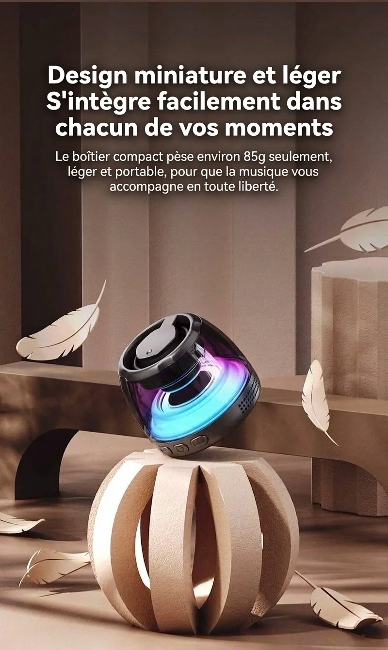 Enceinte portable Bluetooth 5.4 RGB avec base magnétique, son à 360°, éclairage dynamique, 8 heures d'autonomie, enceinte sans fil résistante et facile à fixer.