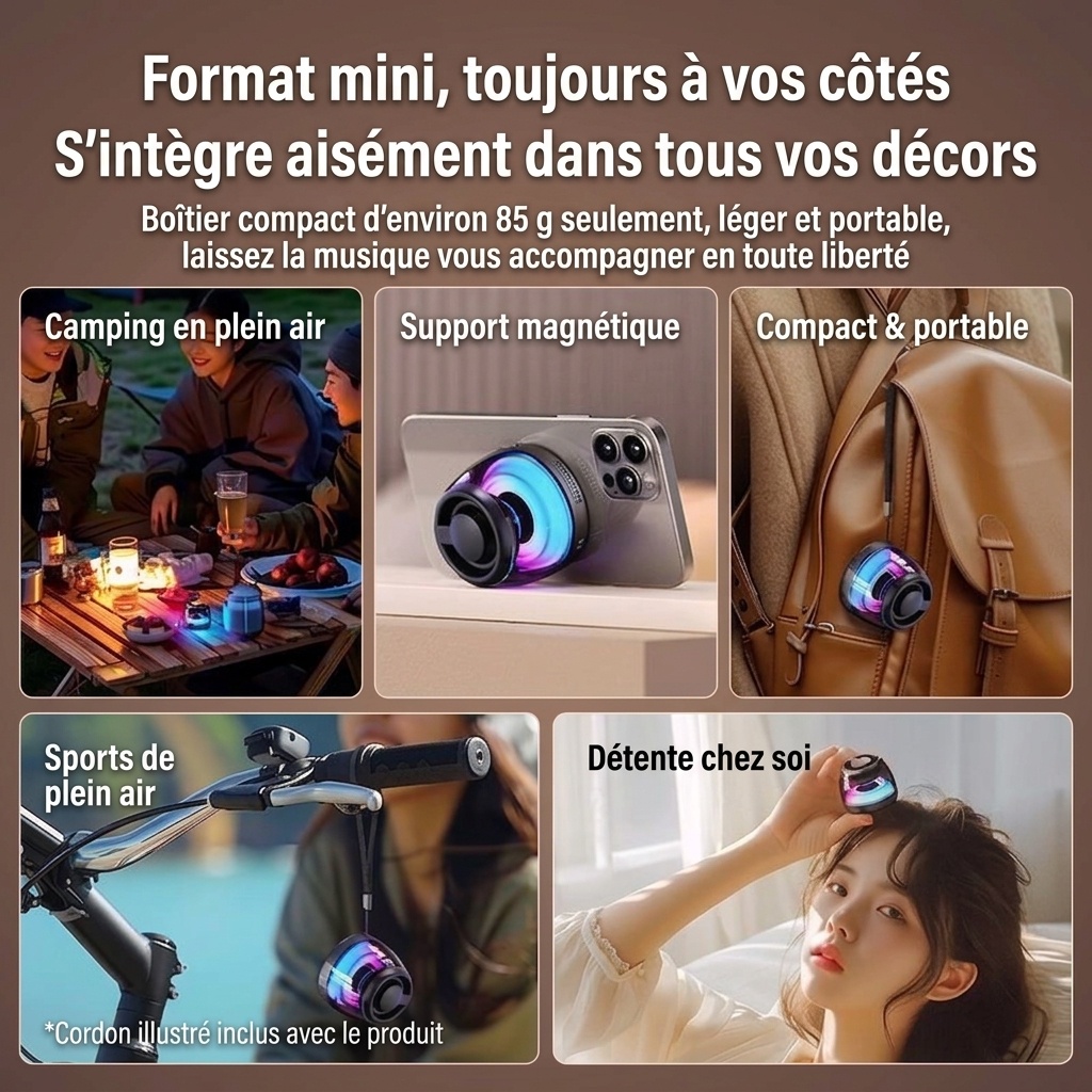 Enceinte portable Bluetooth 5.4 RGB avec base magnétique, son à 360°, éclairage dynamique, 8 heures d'autonomie, enceinte sans fil résistante et facile à fixer.