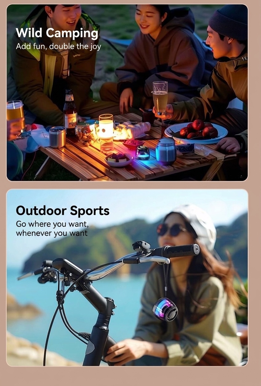 Altavoz portátil Bluetooth 5.4 RGB con base magnética, audio de 360°, iluminación dinámica, 8 horas de reproducción y soporte inalámbrico duradero.