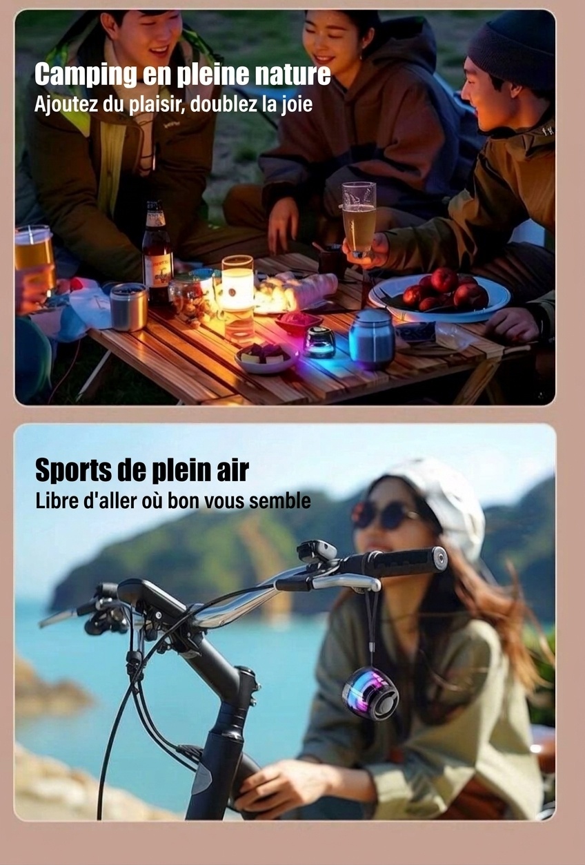 Enceinte portable Bluetooth 5.4 RGB avec base magnétique, son à 360°, éclairage dynamique, 8 heures d'autonomie, enceinte sans fil résistante et facile à fixer.