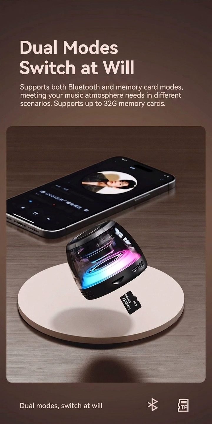 Altavoz portátil Bluetooth 5.4 RGB con base magnética, audio de 360°, iluminación dinámica, 8 horas de reproducción y soporte inalámbrico duradero.