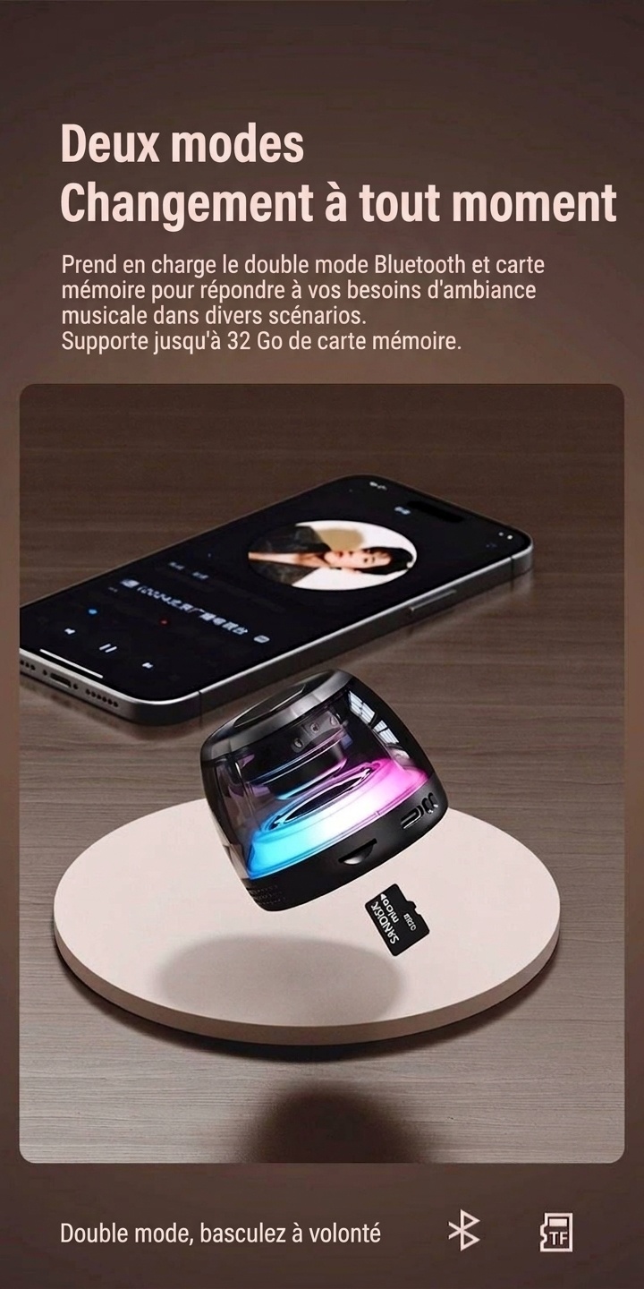 Enceinte portable Bluetooth 5.4 RGB avec base magnétique, son à 360°, éclairage dynamique, 8 heures d'autonomie, enceinte sans fil résistante et facile à fixer.