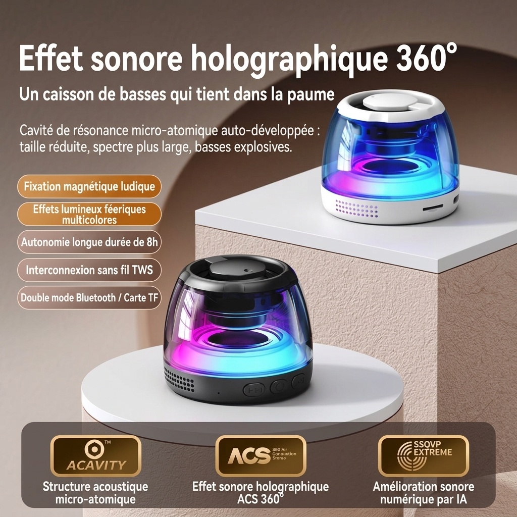 Enceinte portable Bluetooth 5.4 RGB avec base magnétique, son à 360°, éclairage dynamique, 8 heures d'autonomie, enceinte sans fil résistante et facile à fixer.