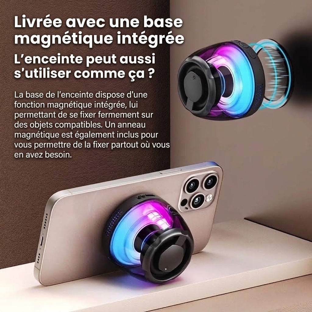 Enceinte portable Bluetooth 5.4 RGB avec base magnétique, son à 360°, éclairage dynamique, 8 heures d'autonomie, enceinte sans fil résistante et facile à fixer.