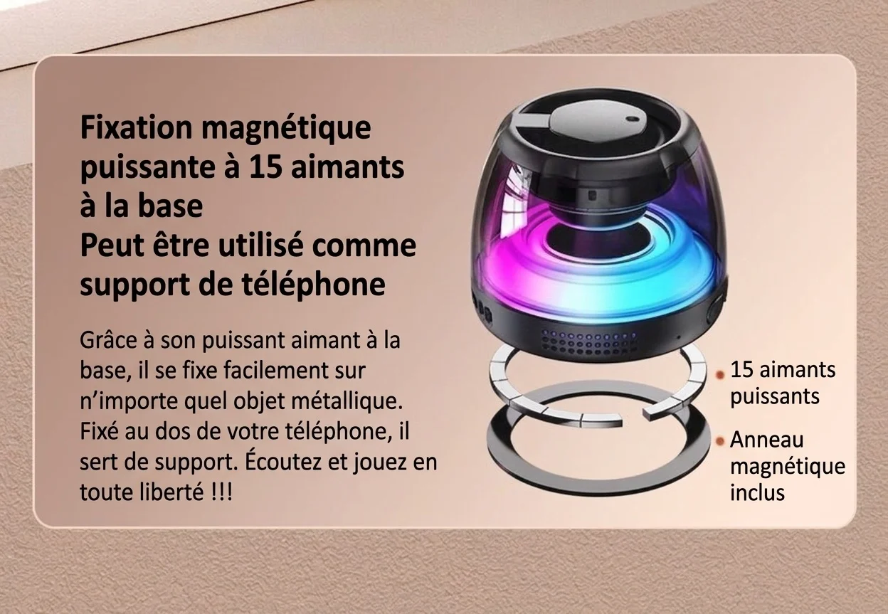 Enceinte portable Bluetooth 5.4 RGB avec base magnétique, son à 360°, éclairage dynamique, 8 heures d'autonomie, enceinte sans fil résistante et facile à fixer.