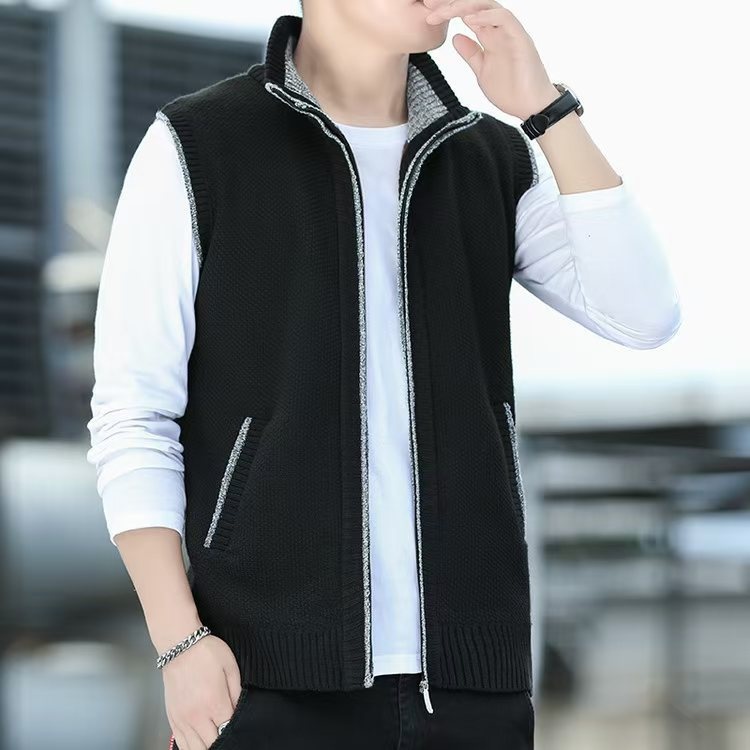 Men's Stand Collar Knit Vest Sleeveless Casual Zip-Up Sweater Jacket