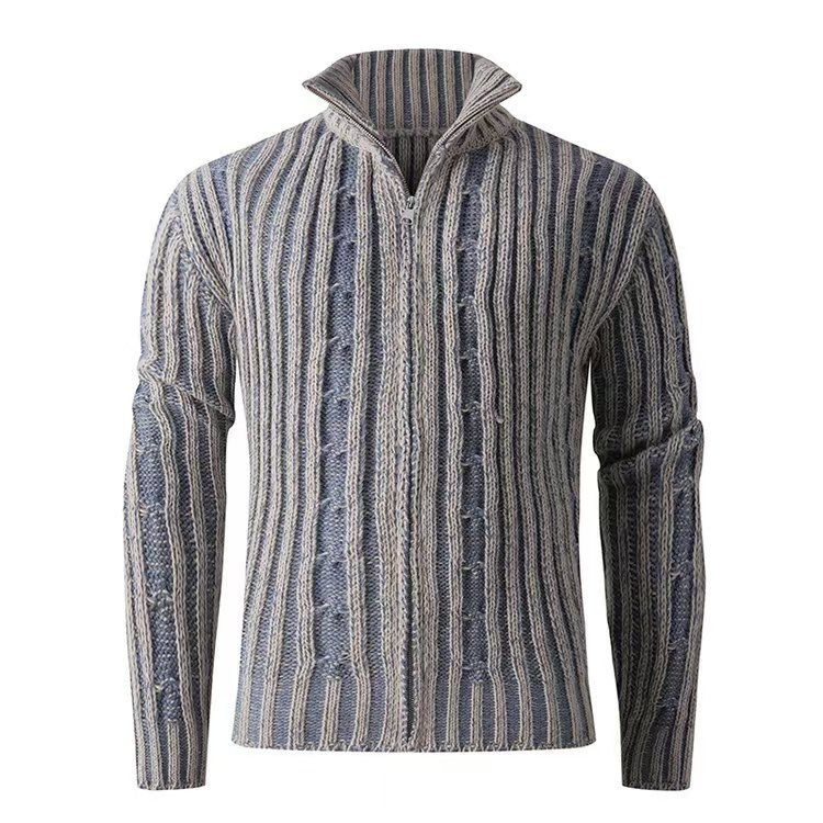 Men's Fashion Stand Collar Color Block Knit Cardigan Sweater Jacket