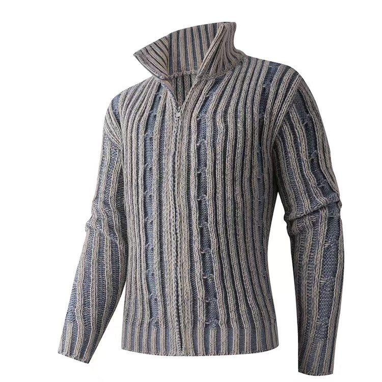 Men's Fashion Stand Collar Color Block Knit Cardigan Sweater Jacket