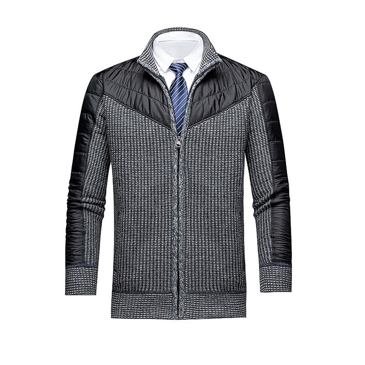 Men's Work Style Warm Stand Collar Knit Jacket With Woven Color Block Padding at Shoulder & Arms