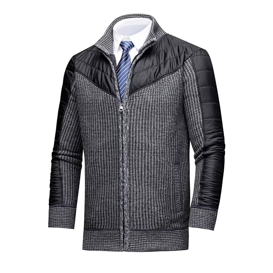 Men's Work Style Warm Stand Collar Knit Jacket With Woven Color Block Padding at Shoulder & Arms