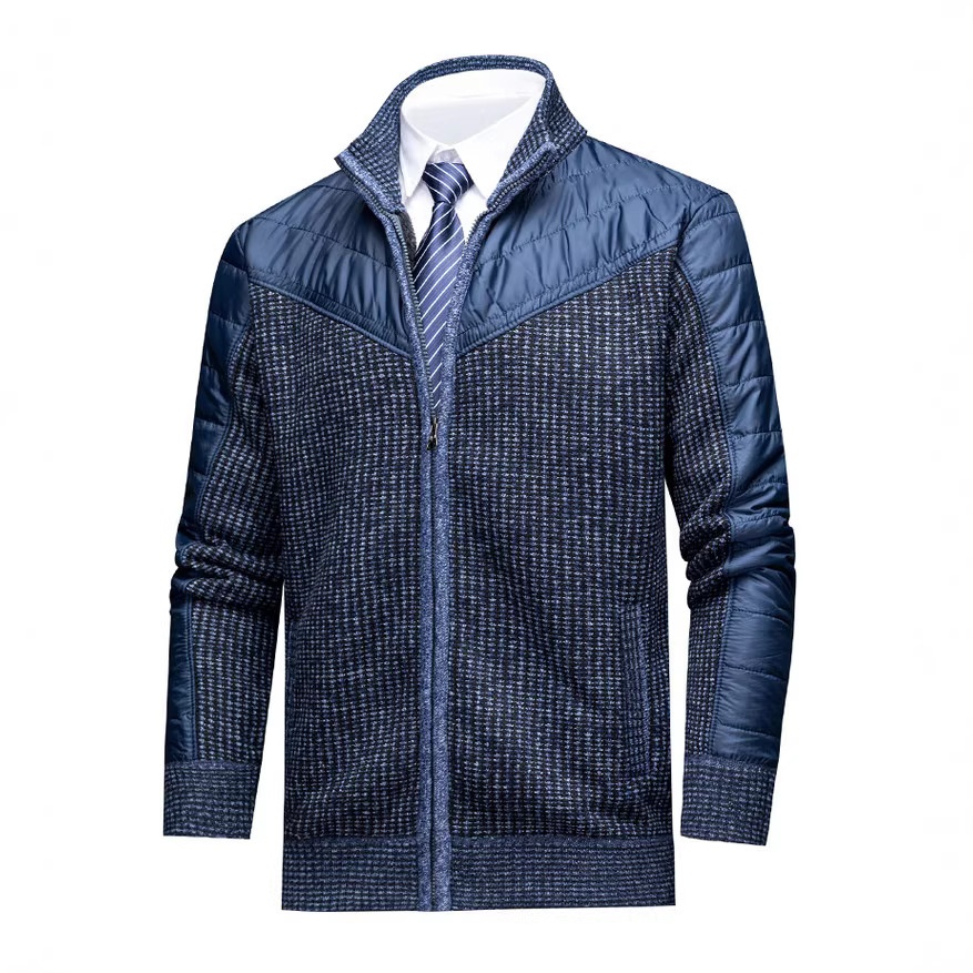 Men's Work Style Warm Stand Collar Knit Jacket With Woven Color Block Padding at Shoulder & Arms