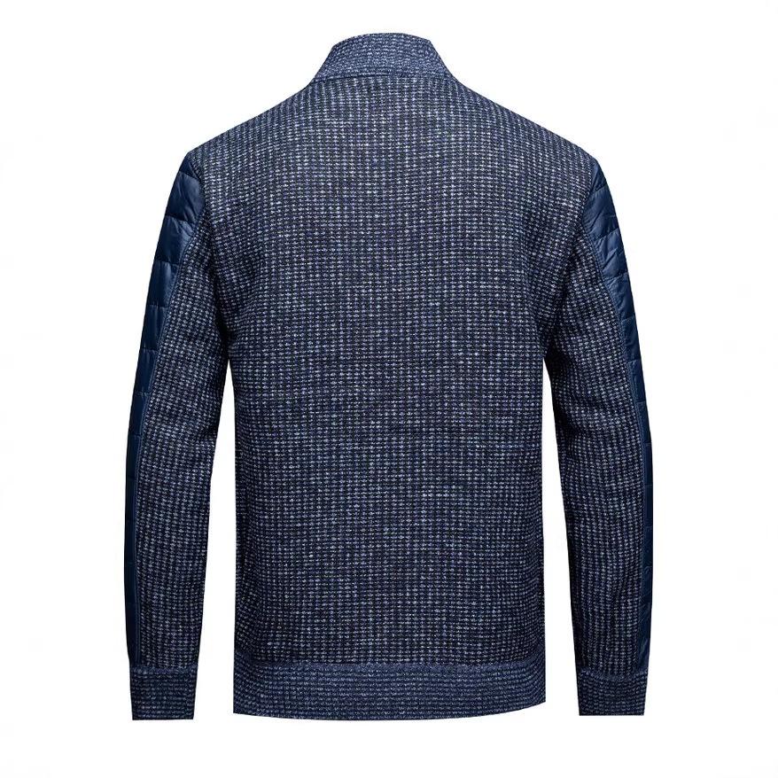 Men's Work Style Warm Stand Collar Knit Jacket With Woven Color Block Padding at Shoulder & Arms