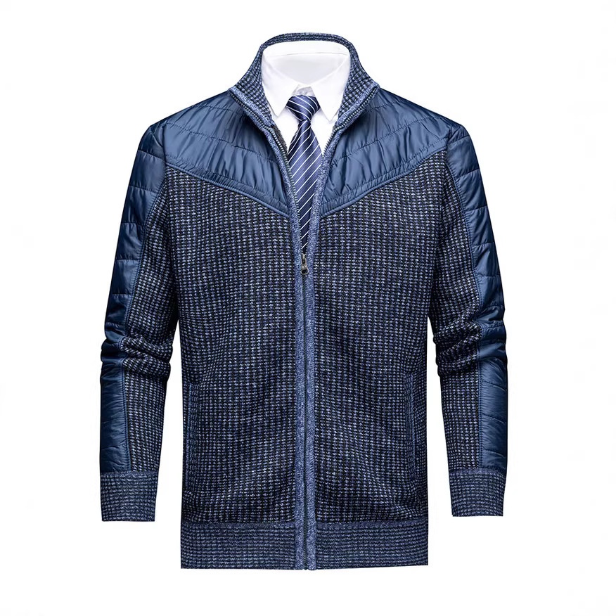 Men's Work Style Warm Stand Collar Knit Jacket With Woven Color Block Padding at Shoulder & Arms