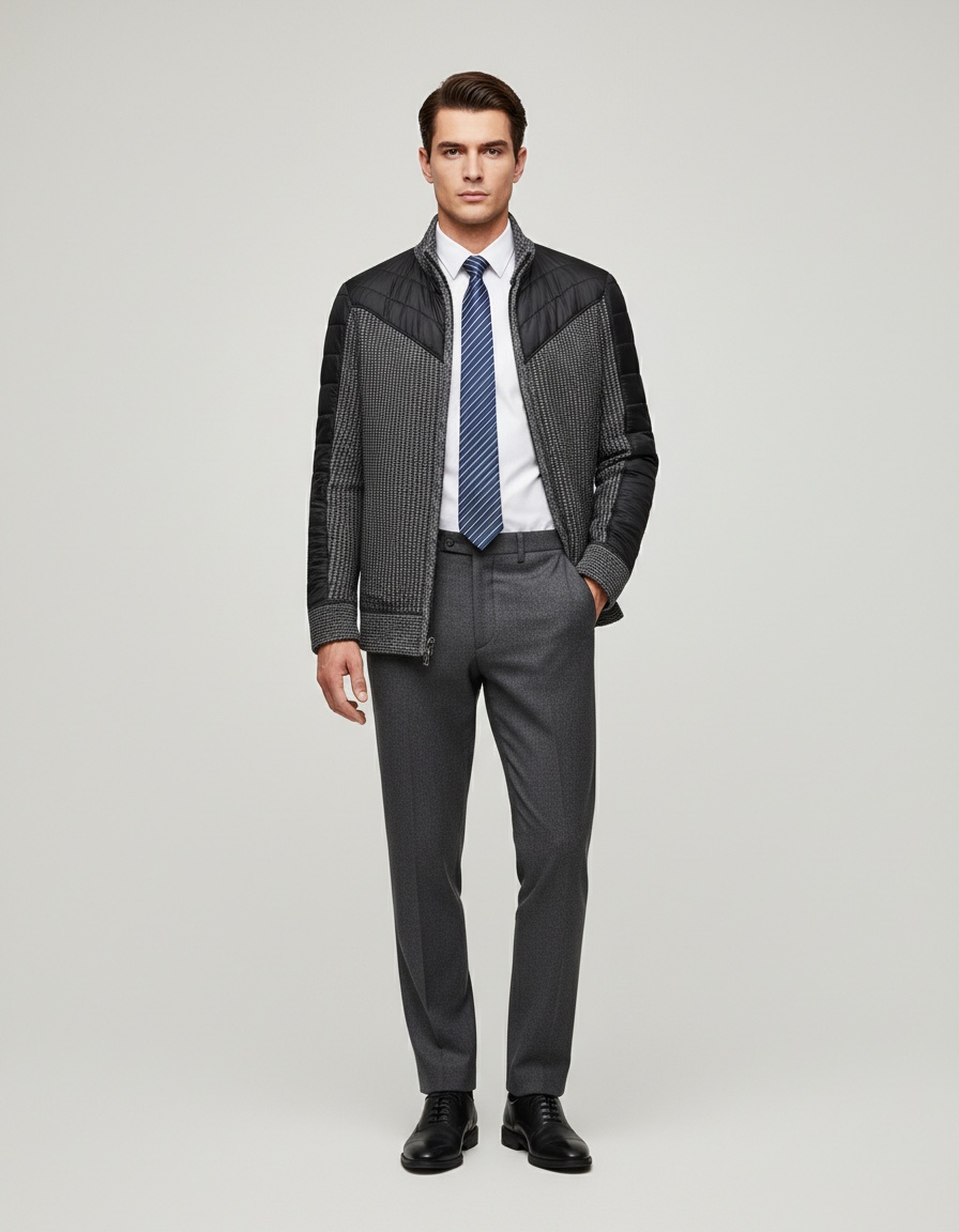 Men's Work Style Warm Stand Collar Knit Jacket With Woven Color Block Padding at Shoulder & Arms