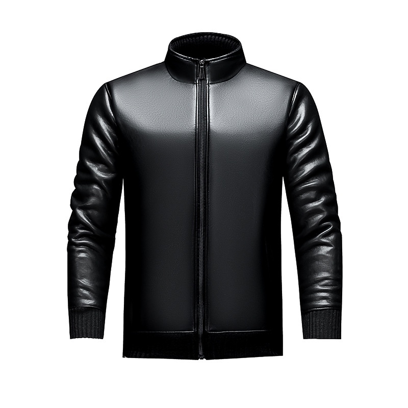 Men's Casual Fleece Lined Shiny Fake Leather Jacket