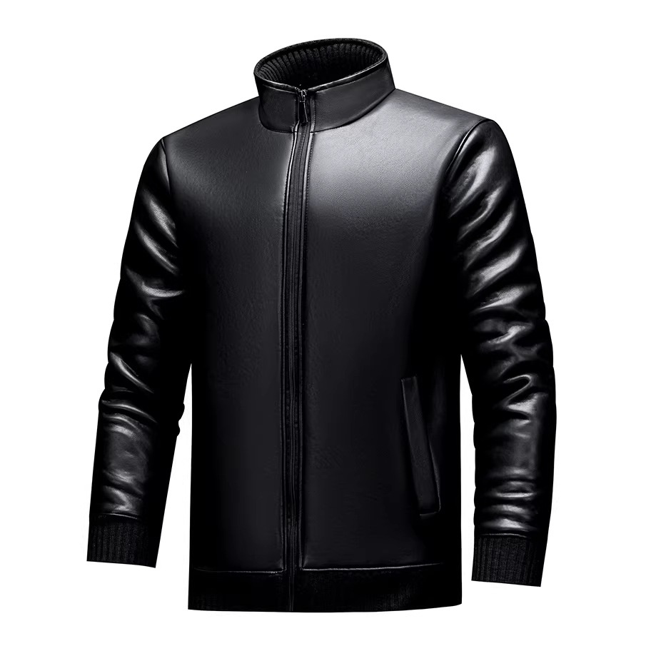 Men's Casual Fleece Lined Shiny Fake Leather Jacket