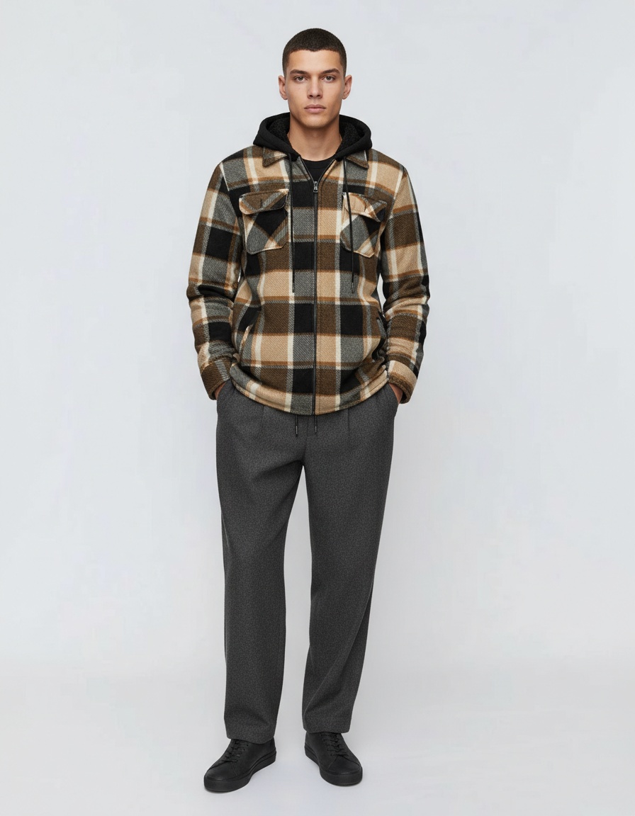 Men's Super Warm Plaid Hooded Shirt Jacket with Fleece Lining and Pockets