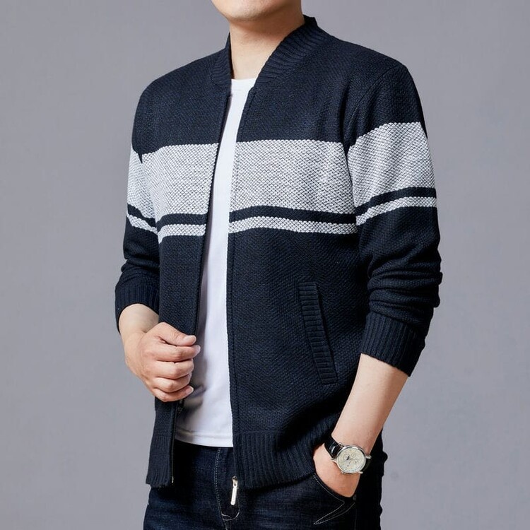 Men's V-Neck Color Block Knit Cardigan Versatile Sweater Jacket