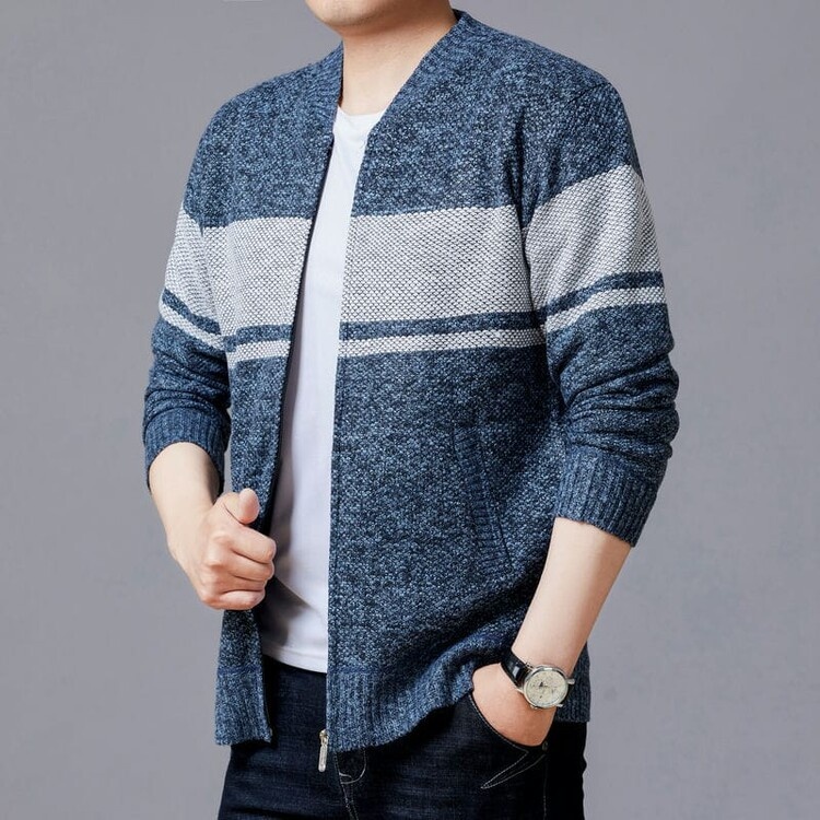 Men's V-Neck Color Block Knit Cardigan Versatile Sweater Jacket