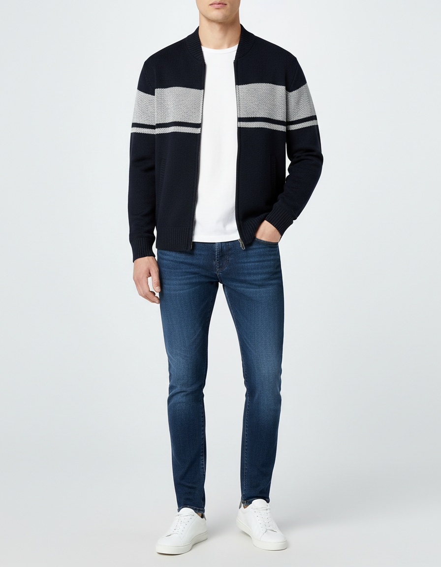 Men's V-Neck Color Block Knit Cardigan Versatile Sweater Jacket